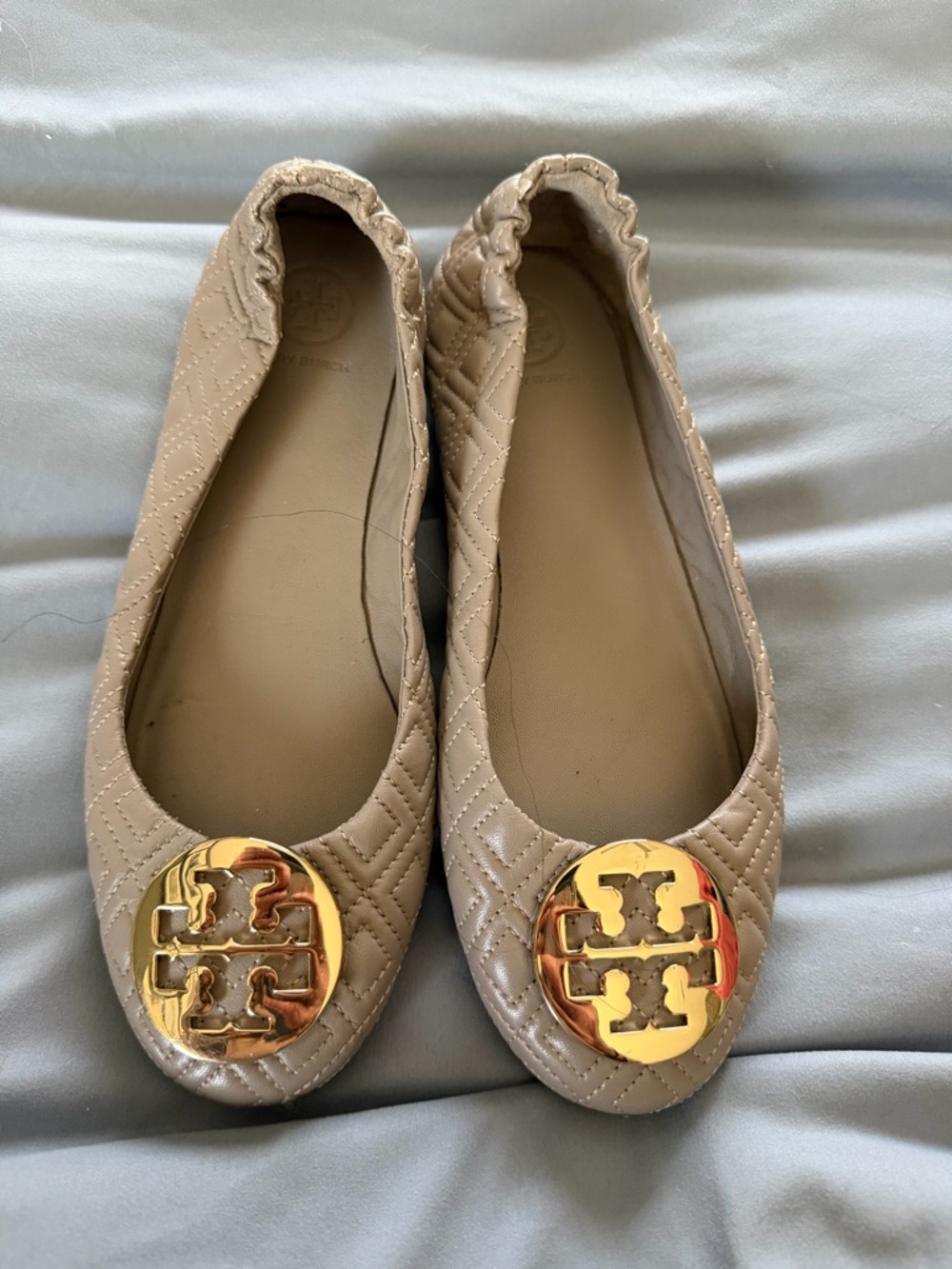 Tory Burch Quilted Taupe Ballet Flats with Gold Logo Medallion